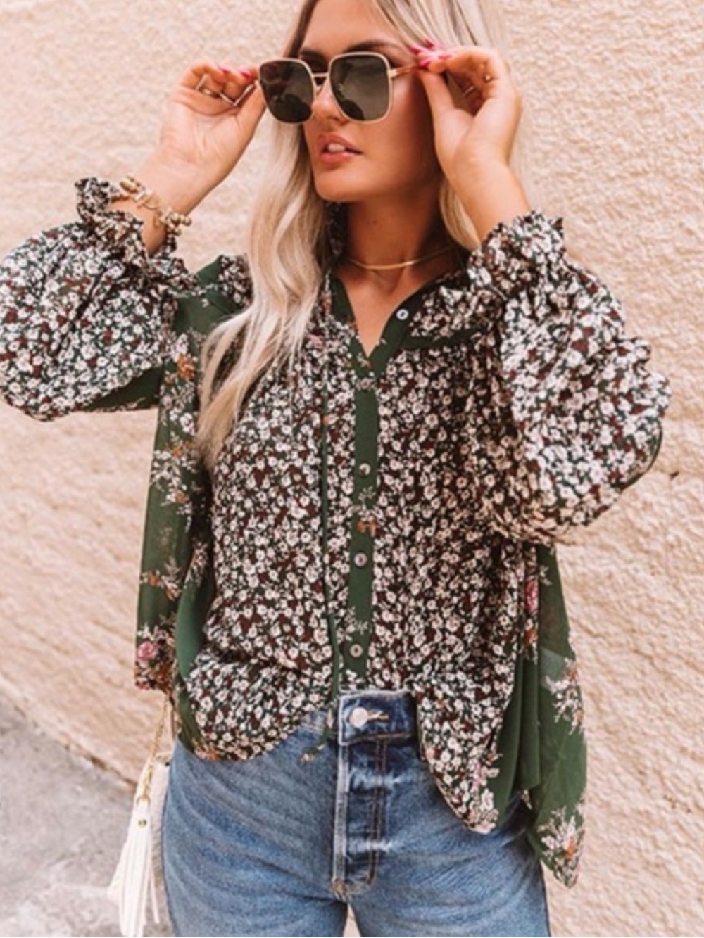 Floral Button-Front Blouse - Green